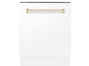 ZLINE Autograph Edition 24 "3rd Rack Top Control Long Tub غسالة صحون باللون الأبيض غير اللامع مع مقبض ذهبي ، 51dBa (DWVZ-WM-24-G)