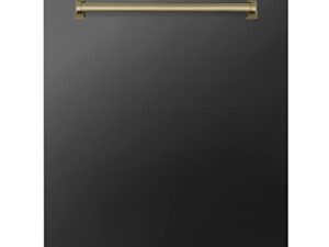ZLINE Autograph Edition 24 "3rd Rack Top Touch Control Long Tub غسالة صحون من الفولاذ المقاوم للصدأ الأسود مع مقبض برونزي شمبانيا ، 45dBa (DWMTZ-BS-24-CB)