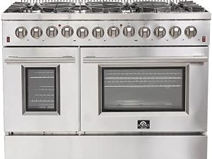 FORNO Galiano 48 in. نطاق غاز مزدوج الوقود ، 240 فولت فرن كهربائي برو-ستايل 8 شعلات ديفيندي الإيطالية 107000 وحدة حرارية بريطانية جميع الفولاذ المقاوم للصدأ