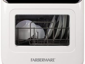 Farberware FCDMGDWH غسالة أطباق محمولة كاملة على سطح الطاولة مع ضوء LED 2 إعدادات مكان ، 5 برامج غسيل ، باب زجاجي ، أبيض