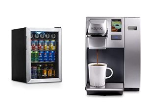ثلاجة المشروبات NewAir AB-850 ، 90 علبة ، 90 عبوة ، ماكينة صنع القهوة التجارية Keurig K155 Office Pro ، ماكينة تحضير القهوة بكوب K-Cup ، فضي ، كبير جدًا 90 أونصة. خزان مياه