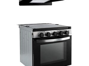 RecPro RV موقد | نطاق الغاز 21 بوصة طويل | شفاط المطبخ ذو التهوية الاختيارية | خيارات اللون الأسود أو الفضي (أسود ، مع شفاط المطبخ ذو التهوية)