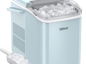 آلة صنع الثلج على سطح الطاولة من Silonn مع مقبض ، صانعات محمولة على سطح الطاولة ، تزن ما يصل إلى 27 رطلاً. في اليوم ، 9 مكعبات في 7 دقائق ، مغرفة وسلة التنظيف الذاتي ، أزرق ، 12 × 9 × 12 بوصة (SLIM06)