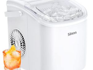 Silonn Countertop Ice Maker ، 9 مكعبات جاهزة في 6 دقائق ، 26 رطلاً في 24 ساعة ، آلة صنع الثلج ذاتية التنظيف مع مغرفة ثلج وسلة ، مقاسان من الثلج الرصاصي للمطبخ المنزلي ، حفلة بار ، أبيض (SLIM09)