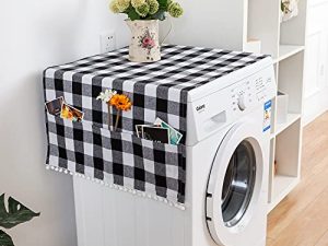 أغطية علوية لغسالة الملابس Dstorelhp 2PC مقاس 51 بوصة × 22 بوصة ، غطاء مقاوم للغبار من القطن للثلاجة ، غطاء علوي للغسالة مع 6 جيوب تخزين ، ديكور منزلي للمطبخ والحمام ، أسود أبيض رمادي