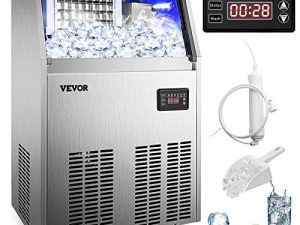 ماكينة صنع الثلج التجارية VEVOR 110V 80-90LBS / 24H مع حاوية 33LBS ، هيكل فولاذي مقاوم للصدأ شديد التحمل ، تشغيل تلقائي ، مكعب شفاف لشريط المنزل ، يتضمن فلتر مياه ، مغرفة ، خرطوم توصيل